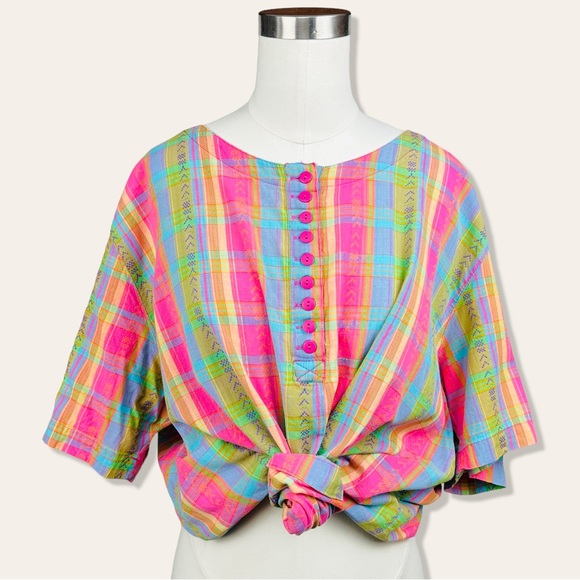 Vintage Tops - Vintage 80’s Cottagecore  Rainbow Plaid Short Sleeve Oversized Pullover Blouse